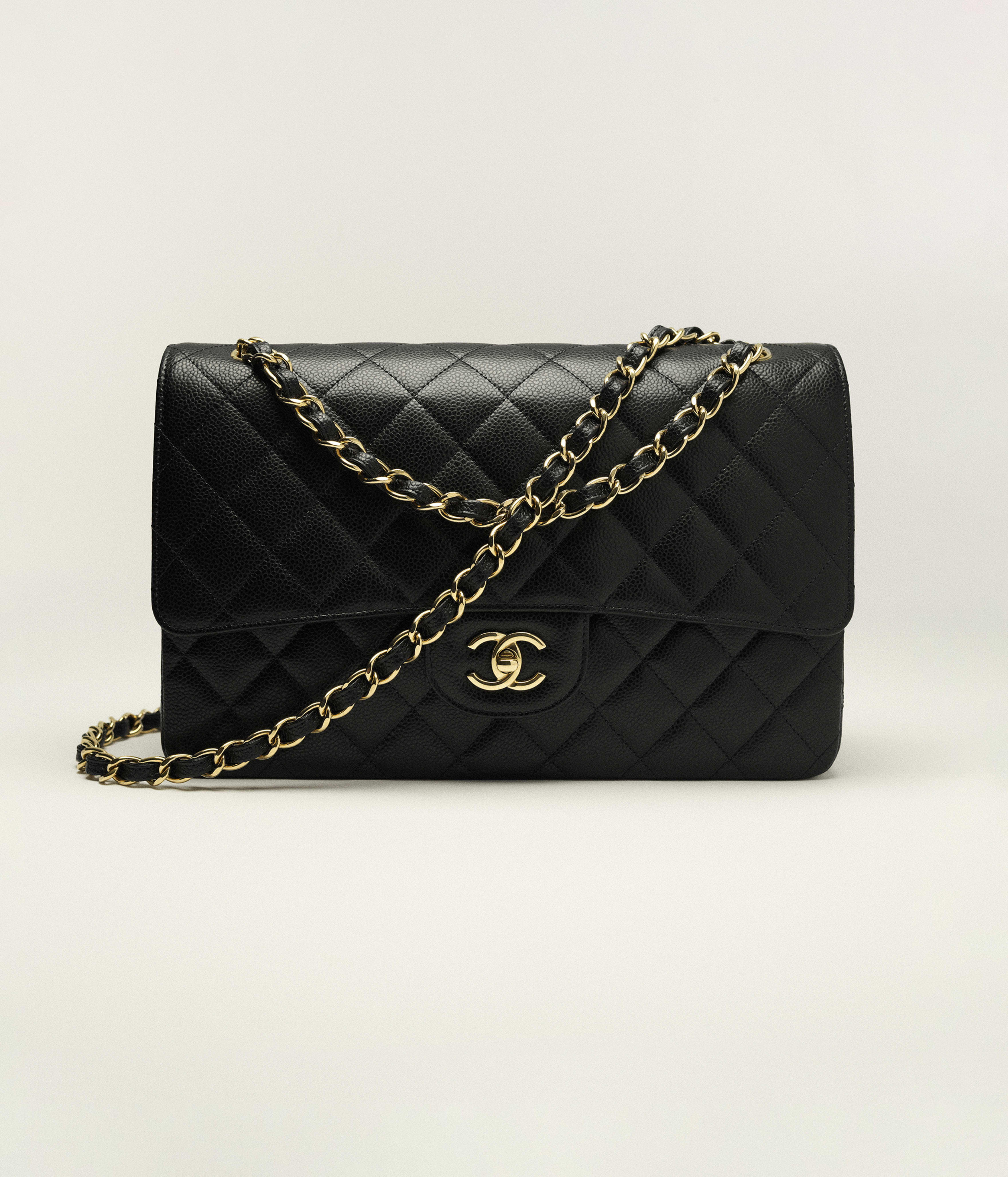 Grosse klassische Tasche - Schwarz - Genarbtes Kalbsleder & goldfarbenes Metall - Ansicht Artistique 2